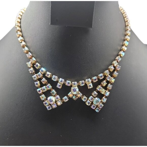 Aurora Borealis Rhinestone Necklace 14" Vintage Irridescent Glowing Chain - Picture 2 of 14